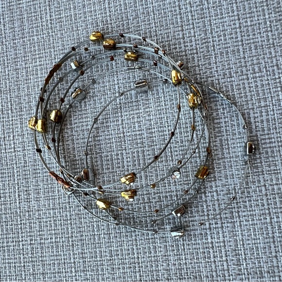 Seasonal whispers 6 Piece Stacking Bracelets Silver Piano Wire W Gold Bezel CZ - Picture 1 of 4